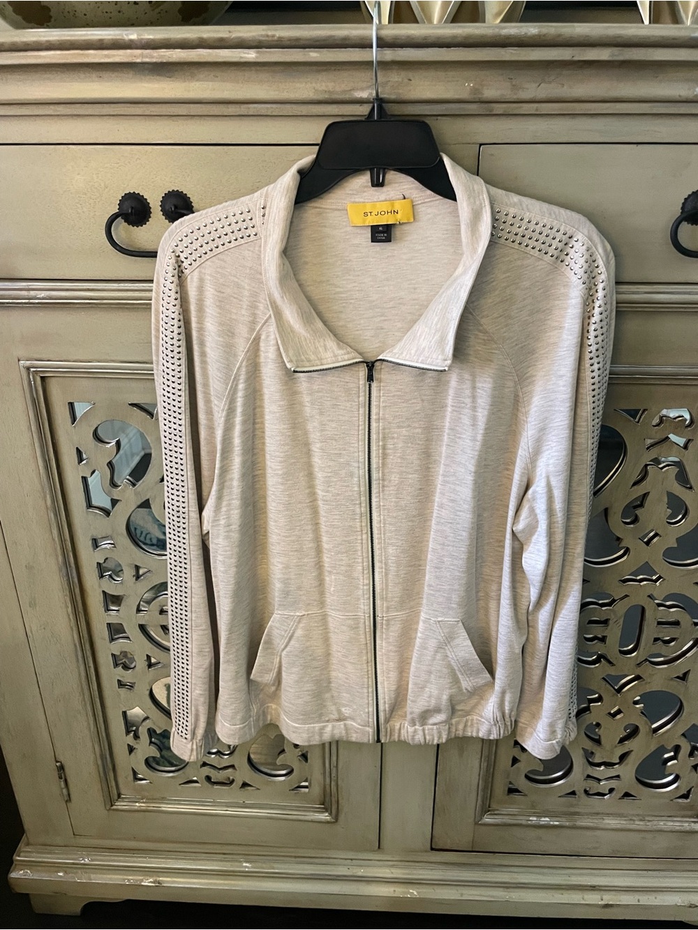 St. John Light Beige Zip-Front Bomber Jacket
